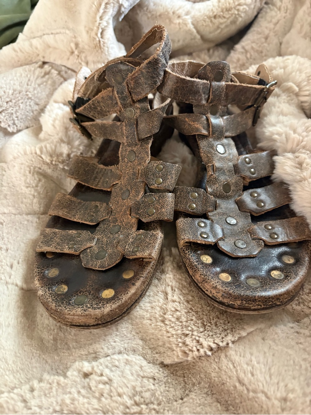 Frye Distressed Brown Gladiator Sandals with Stud Accents